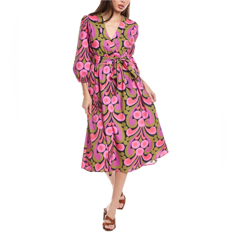 NWT - Flora Bea NYC Roco Midi Pink & Green Colorful Dress - Size XS